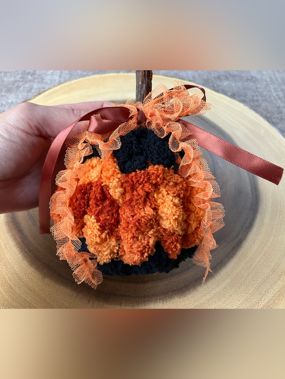 Hand Knit Pumpkin Orange & Black 4-5 inch - Picture 2 of 4